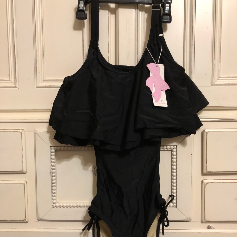 black one piece open-back bathing suit